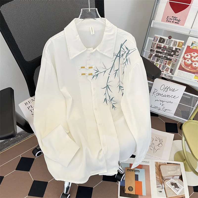 

New Chinese Style Loose Trendy Men Women Shirt Embroidered Drapey Hong Kong Style Stitched Tang Costume Dao Pao Blouse