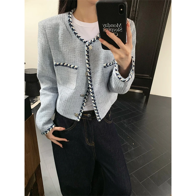 

Korean Fashion Vintage Tweed Jacket Women Elegant Cropped Patchwork Coats Office Ladies Long Sleeve Design Short Clothes