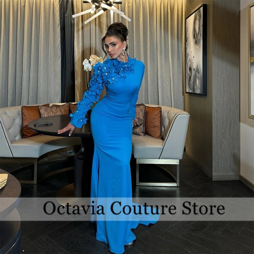 

Синее вечернее платье с высоким воротом в Саудовской Аравии, расшитое бисером, ручная работа, 3d цветы, аппликации, فساتين سهرة, платье для выпускного вечера 2025 по индивидуальному заказу