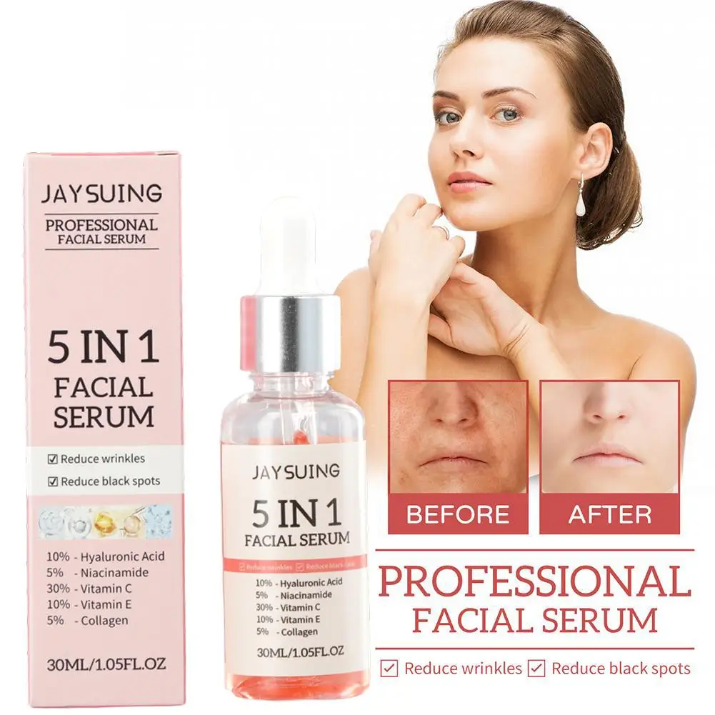 5 in 1 Gesicht Serum Hyaluron säure feuchtigkeit spendende Bleaching Anti-Falten-Alterung Vitamin C verblassen Flecken schrumpfen Poren Hautpflege 30ml