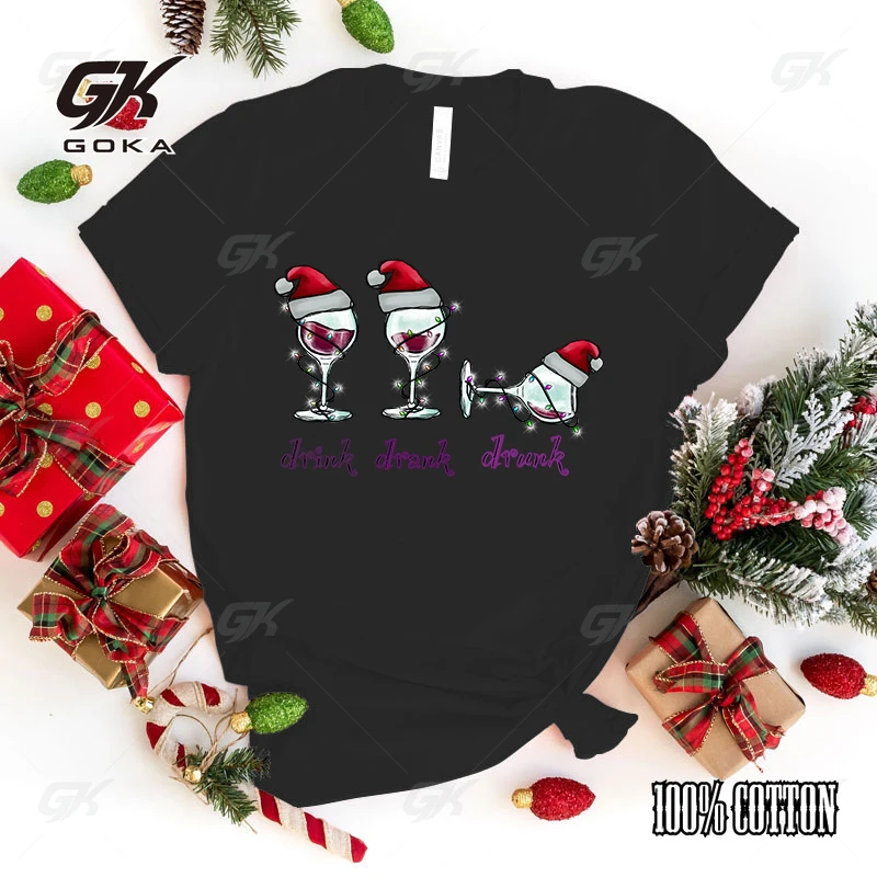 Christmas Wine Glass Drink Drank Drunk Print T-Shirts For Women Summer Funny Round Neck Short Sleeve Casual Top