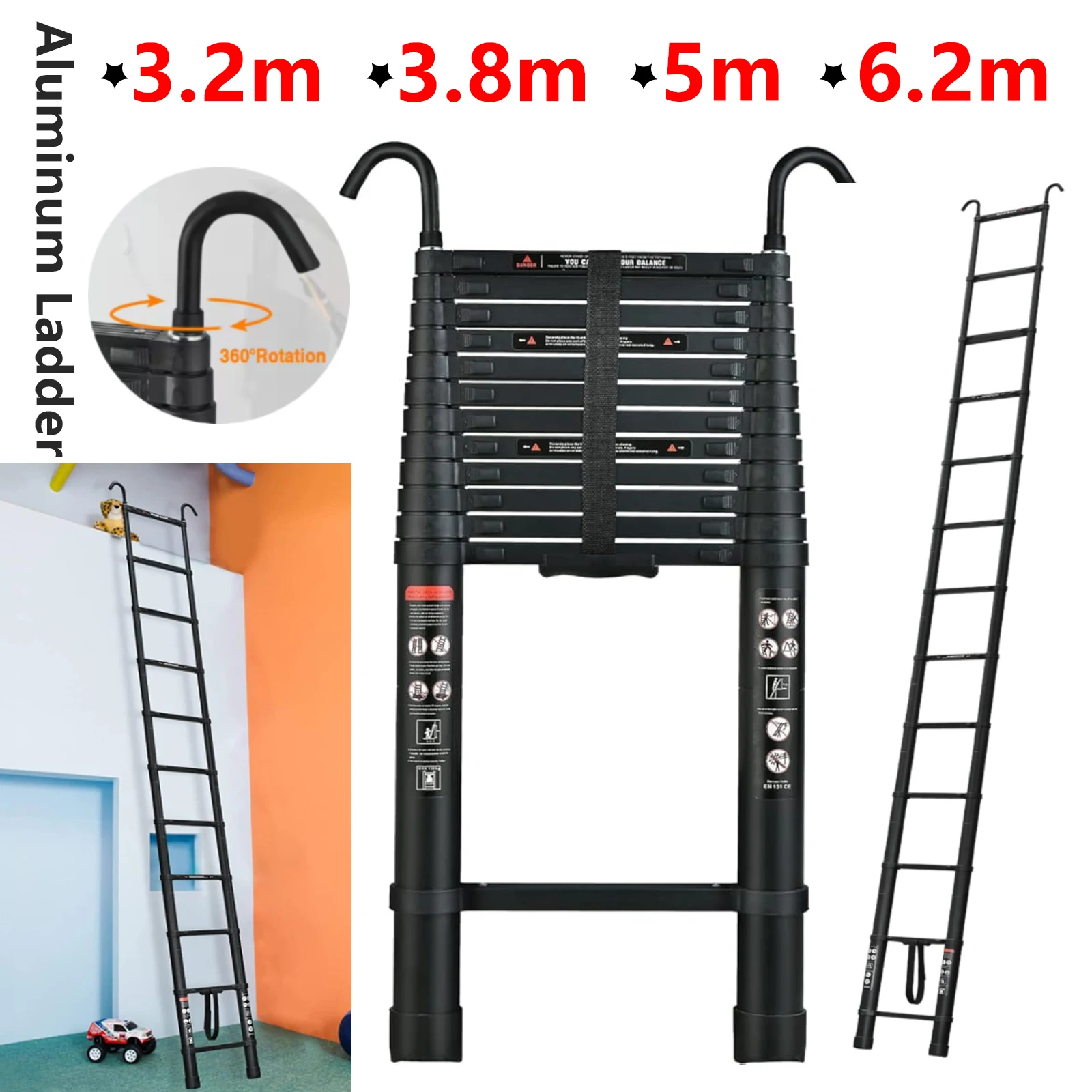 Échelle télescopique domestique 5m noire avec crochets détachables, échelle extensible robuste en aluminium pour toit intérieur et extérieur charge maximale 150kg