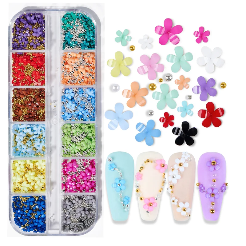 12Grid/box Colorful Mini Acrylic Flowers 3D Nail Art Decor With Steel Beads Mixed Size Flowers Nail Charms DIY Kawaii Floret