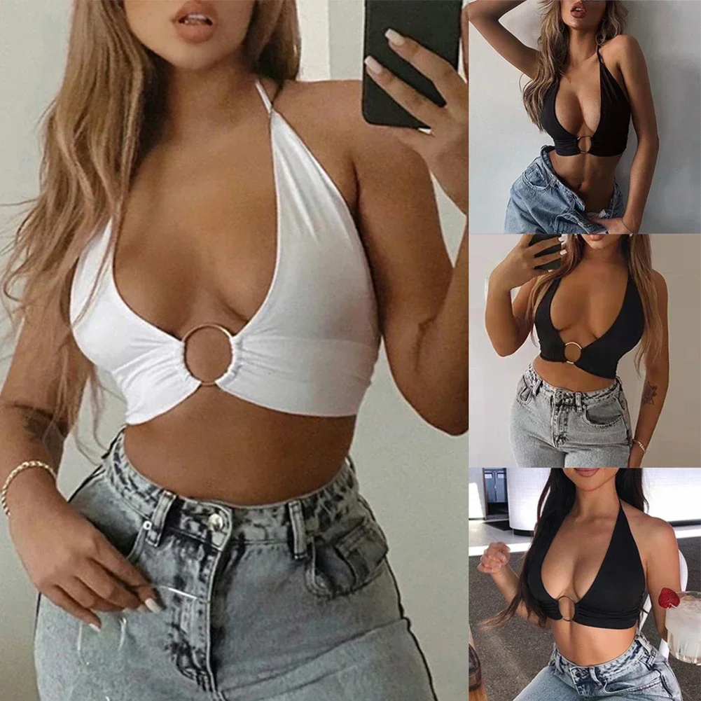 Sexy Wrap Deep V Neck Tank Women Y2K Ring Halter Neck Vest Crop Top With Ring Backless Bandage Tank Party Club Beach Tops Summer