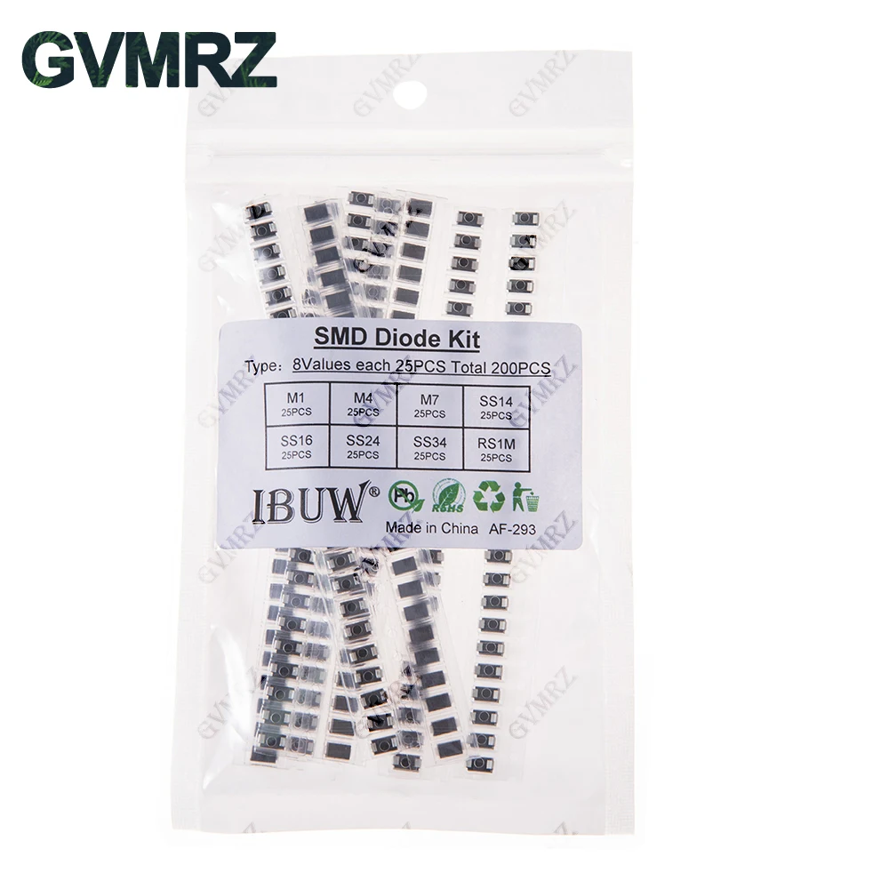 200PCS 8Werte SMD Diode Kit M1 M4 M7 SS14 SS16 SS24 SS34 RS1M für elektronische Gleichrichtungsprojekte