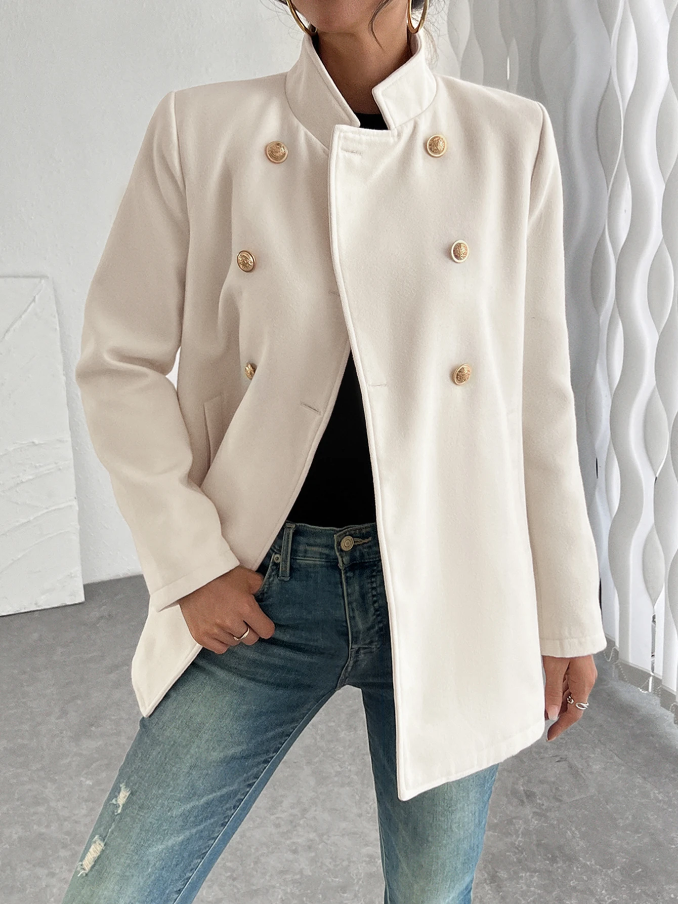 

Wool Blend High Neck Double Breasted Coat Jacket for Women Winter and Autumn Temperament Commuter Casual Clothes Elegant Style