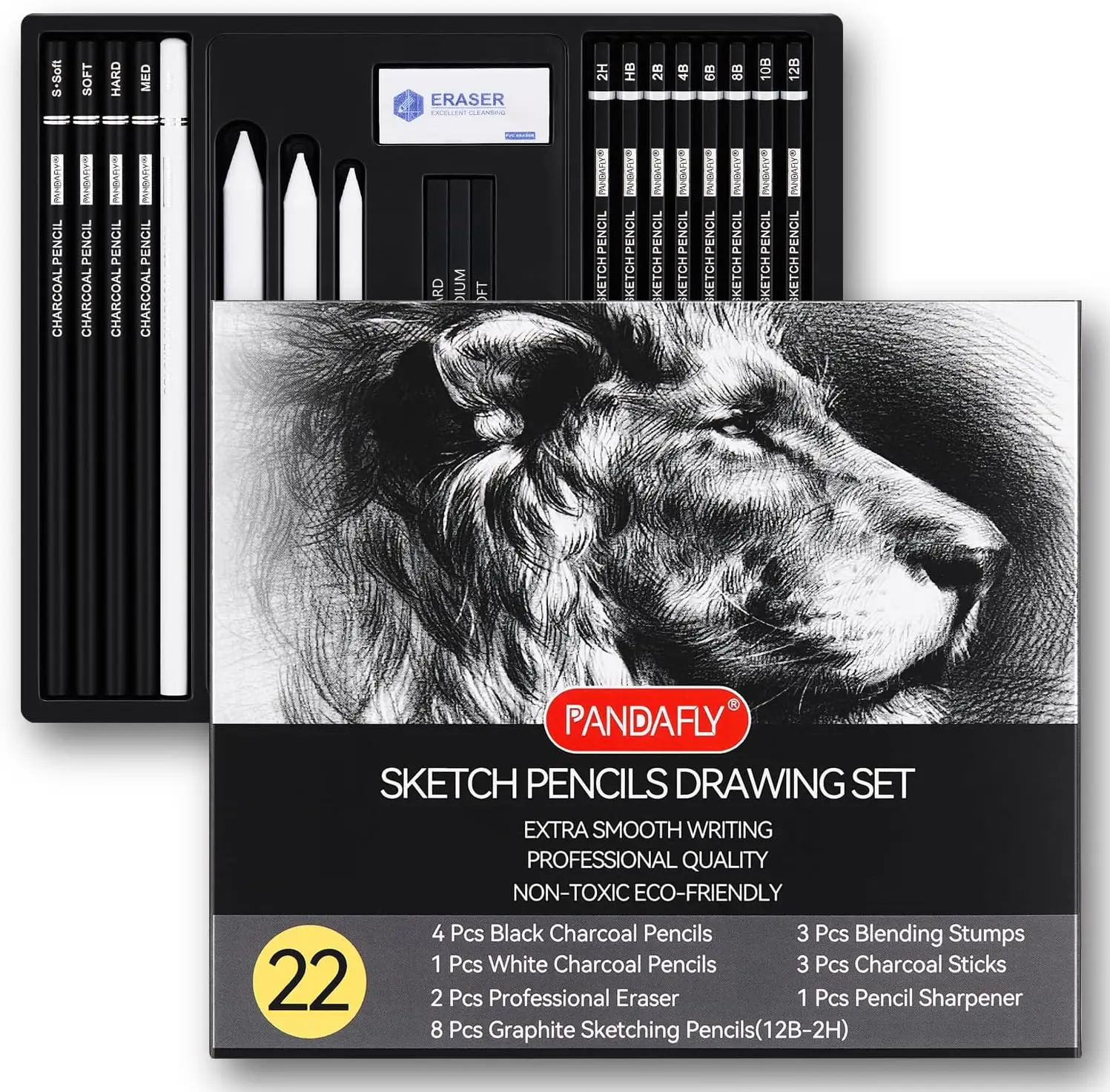 

22 Piece Professional Sketch Pencil Set - Graphite, Charcoal, Blending Tools for Artists