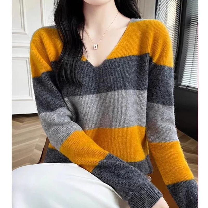 Frauen Koreanische Mode Kontrast Farbe Gestreiften Alle Spiel Gestrickte Pullover Herbst Winter Chic V-ausschnitt Langarm Lose Pullover Tops