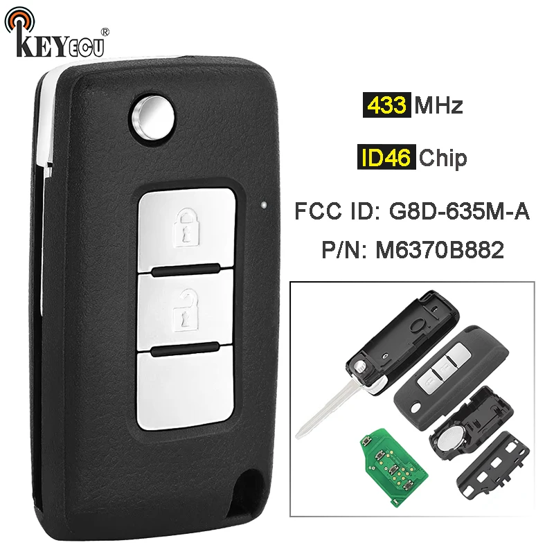 KEYECU 433MHz ID46 Chip P/N: M6370B882 FCC ID: G8D-635M-A 2 Buttons Flip Remote Key Fob for Mitsubishi Pajero 2015-2021