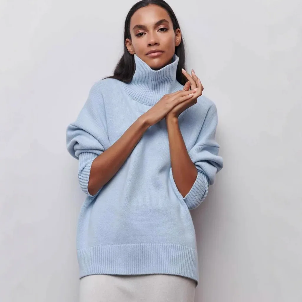 

Свитер с высоким воротником, свободного кроя, новый, однотонный, вязаный, для женщин