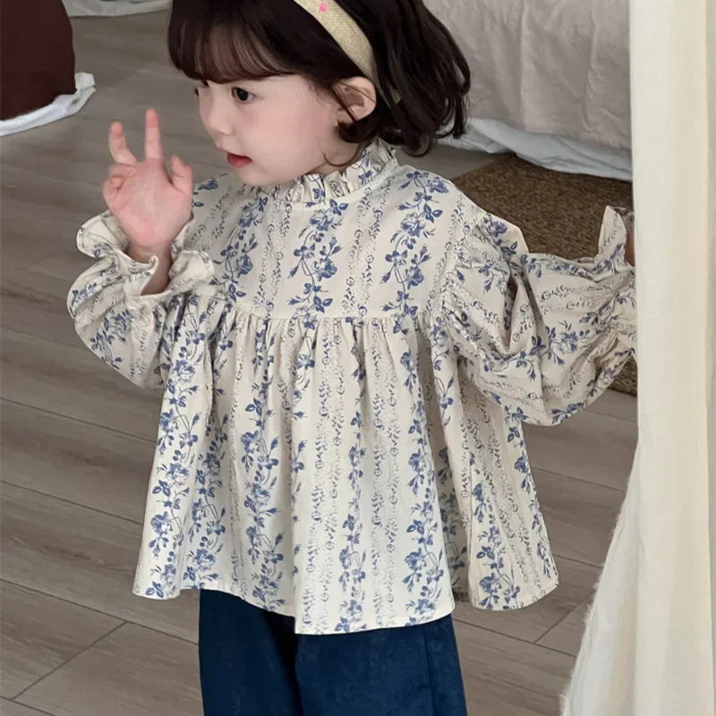 

Blouses Autumn New Children 2024 Flowers Puff Sleeve Shirt Girl Korean Long Sleeves Sweet Pleated Printing Causal Versatile