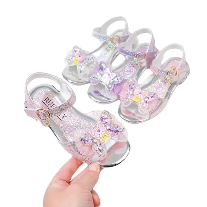 Anime Kawaii Sanrios Kuromi Girls Sandals French Soft Anti-Slip Sole Kids Crystal Shoes Cartoon Non-Slip Bow Princess Shoes Gift