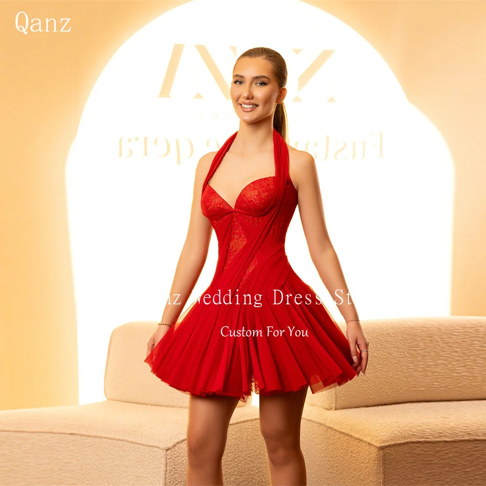 

Qanz Sexy Red Chiffon Prom Dress Halter Neck Short A Line Lace Dress Woman Elegant Party Wedding Mini Vestido Festa Customized