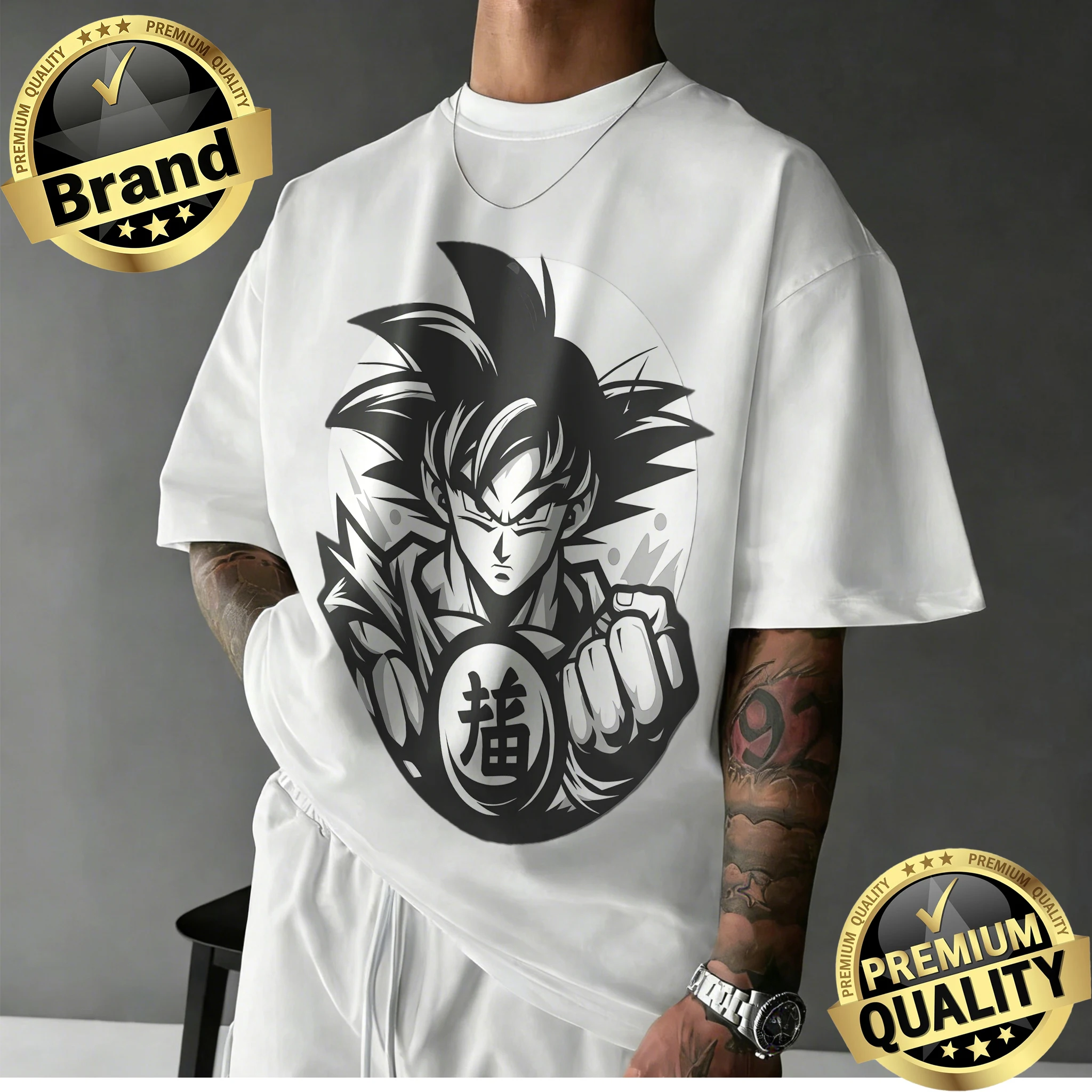 2026 Sommer Dragon Ball 100% Baumwolle Oversized T-Shirt für Herren Damen Kinder |   Goku Monochrome Kanji Print Retro Anime Tee Fanatics