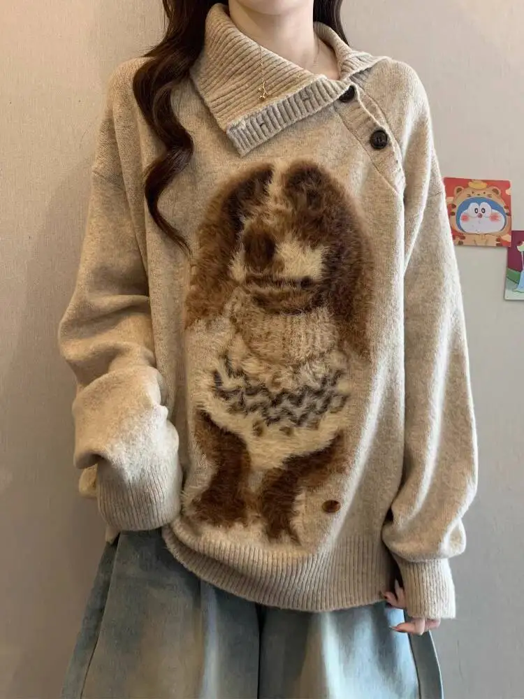 

Cute Puppy Women's Turtleneck Sweater 2025 New Autumn Winter Knit Sweater Lapel Dog Loose Lazy Mid Length Hip Covering Top