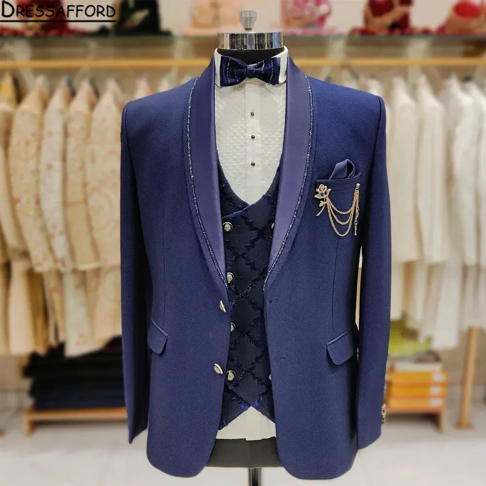 Blue Blazers Men Suits Fashion Beading Banquet 2 Piece Business Jacket Pants Trousers