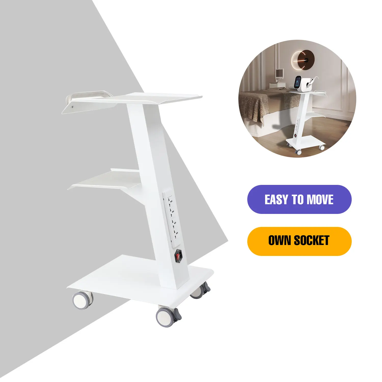 Multi-Functional Salon Trolley Cart Steel 3-Tier 4 Power Outlets for Beauty Medical Lab Dental Hospital Use