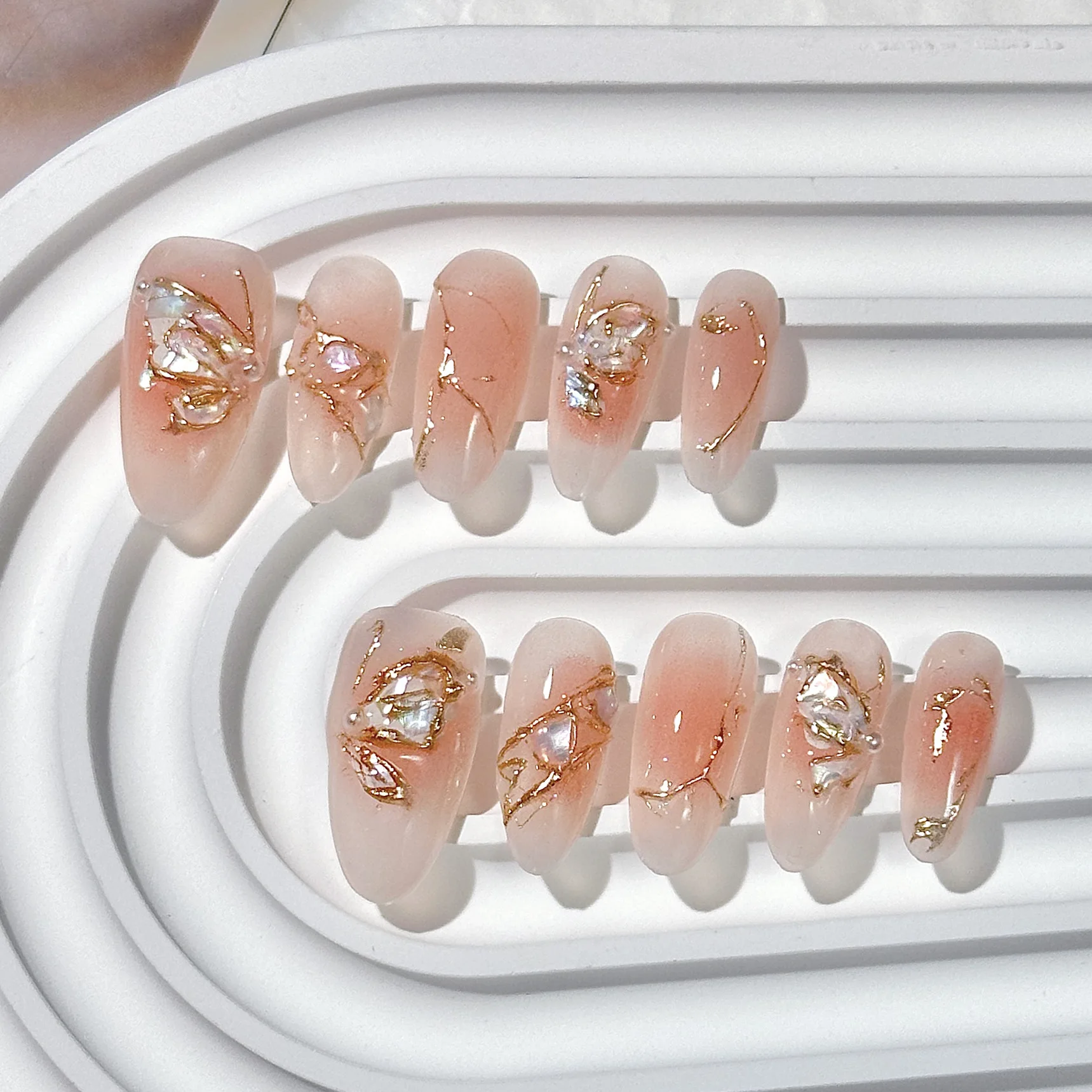 10 Pieces Gentle and Sexy Delicate Handmade Press On Nails Ice Transparent Butterfly Blush Fake Nails Removable Reusable