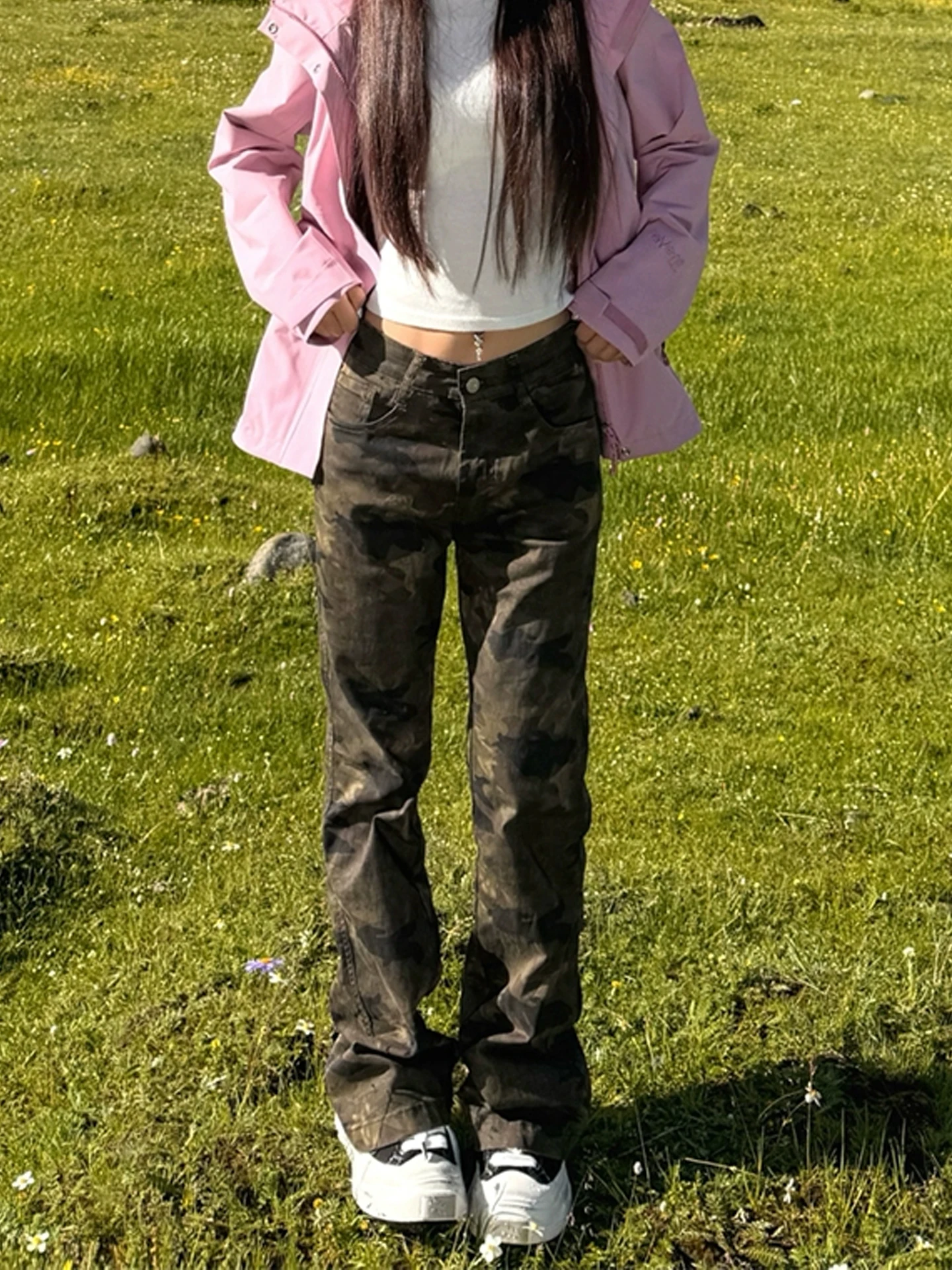 

American Camouflage Flared Jeans High Street Vibe Workwear Straight Leg Long Trousers Men Women mid High Waist Youth Fashion