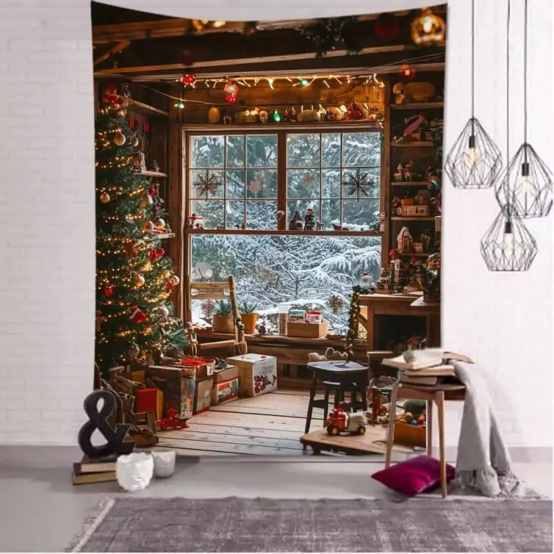 VIKAMA Wall Tapestry Christmas Cabin Workshop Window Snow Tree Toys Gifts Lights Wall Hanging Dorm Room Aesthetic Xmas Wall Art