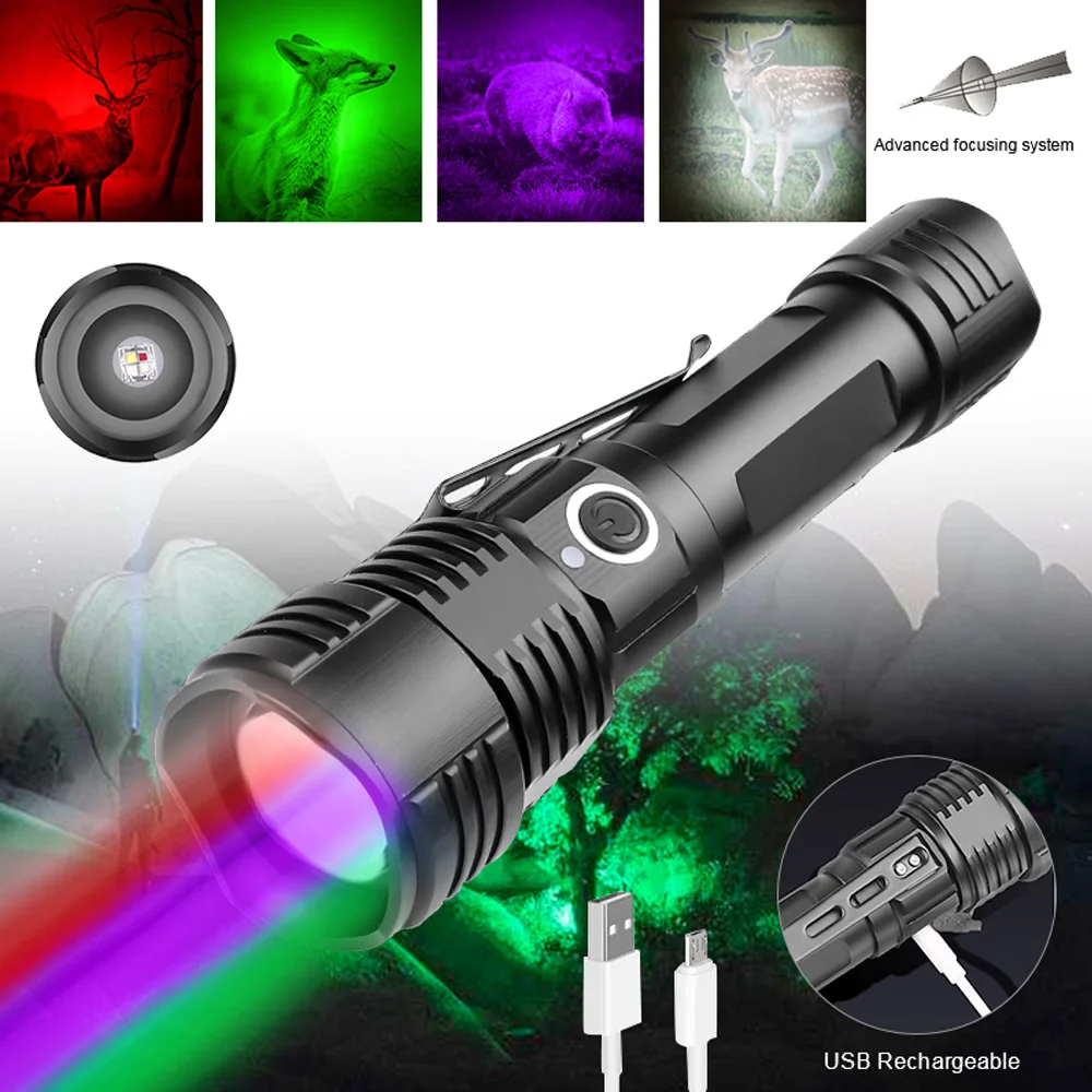 tatico zoomable lanterna led vermelho verde purp luz branca tocha caca ao ar livre pesca luz impermeavel usb recarregavel 4in1 01