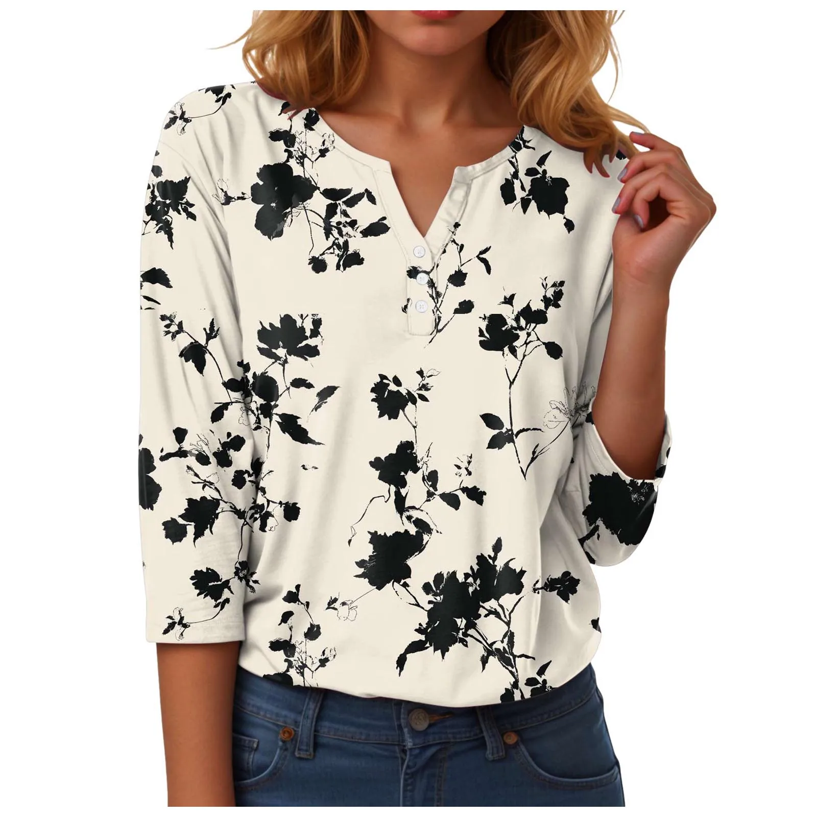 

Vintage T Shirt For Women V-Neck 3/4 Sleeve Summer Loose Casual Women's Clothing Pullover Ladies T-Shirt Streetwear Retro Tops