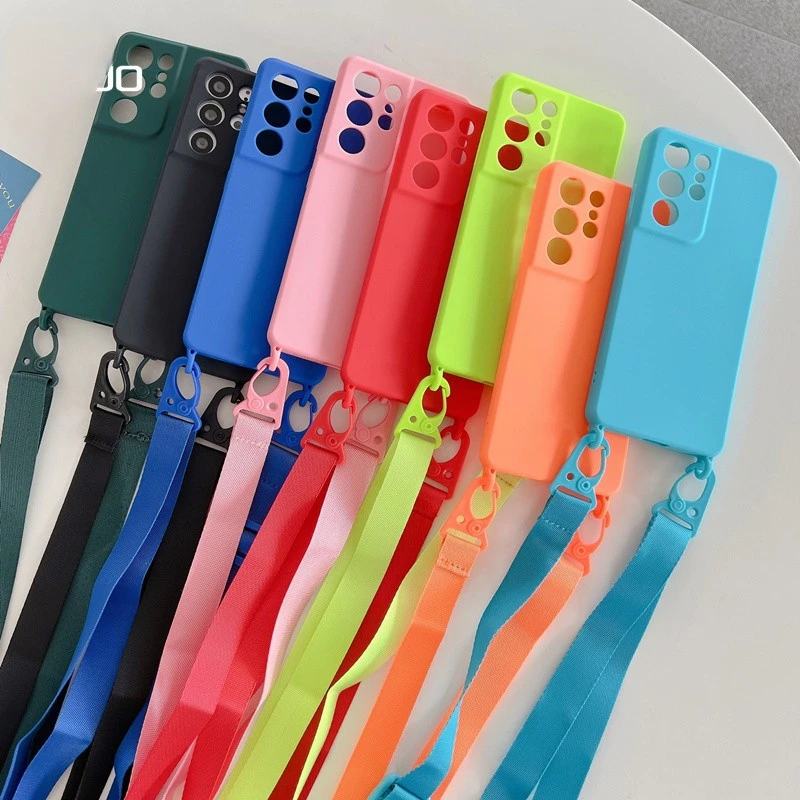 Crossbody Lanyard Cord Rope Strap Phone Case For Samsung Galaxy S21 Ultra S21 Plus S20 FE A72 A52 Soft Silicon Candy Color Cover