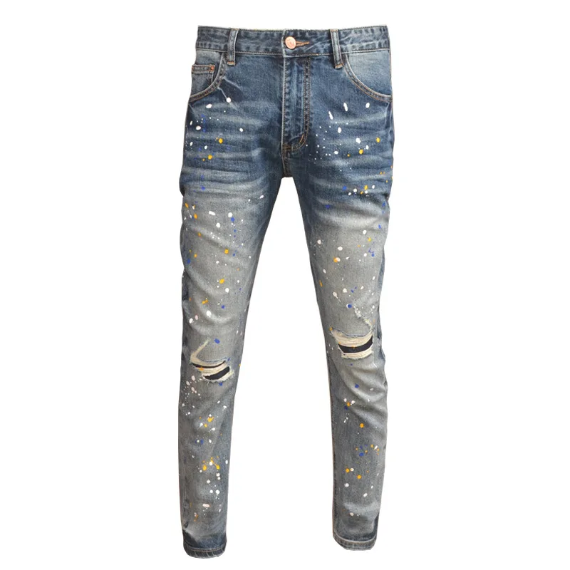 Spring and Summer Thin Ripped Jeans Men's Comfortable Stretch Slim High-End Spray Paint Distressed Street Men's Pants