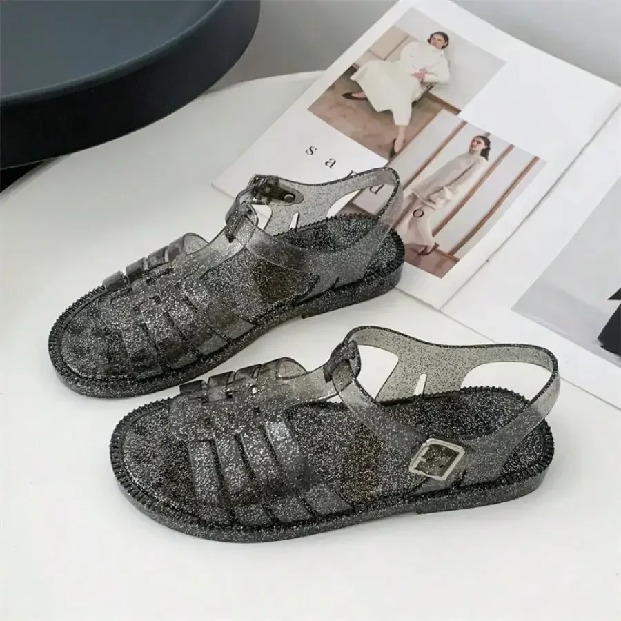 

Summer Roman Women's Sandals Flat Transparent Beach Shoes Fashionable Hollow Flat Heel Outside Casual Small Fragrant Sandals Women
