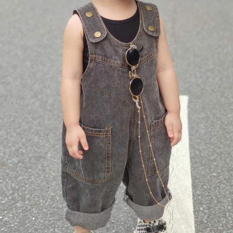 Spring Boys Girls Denim Strap Pants For Children Autumn  Baby Kids Jumpsuit Loose And Versatile With Handsome Pocket Splicing