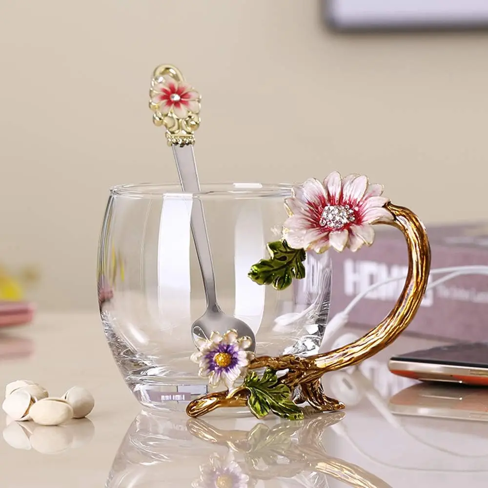 

Lead-Free Glass Tea Cup with Spoon, Sunflower Design - Perfect Gift for Holidays and Loved Ones
