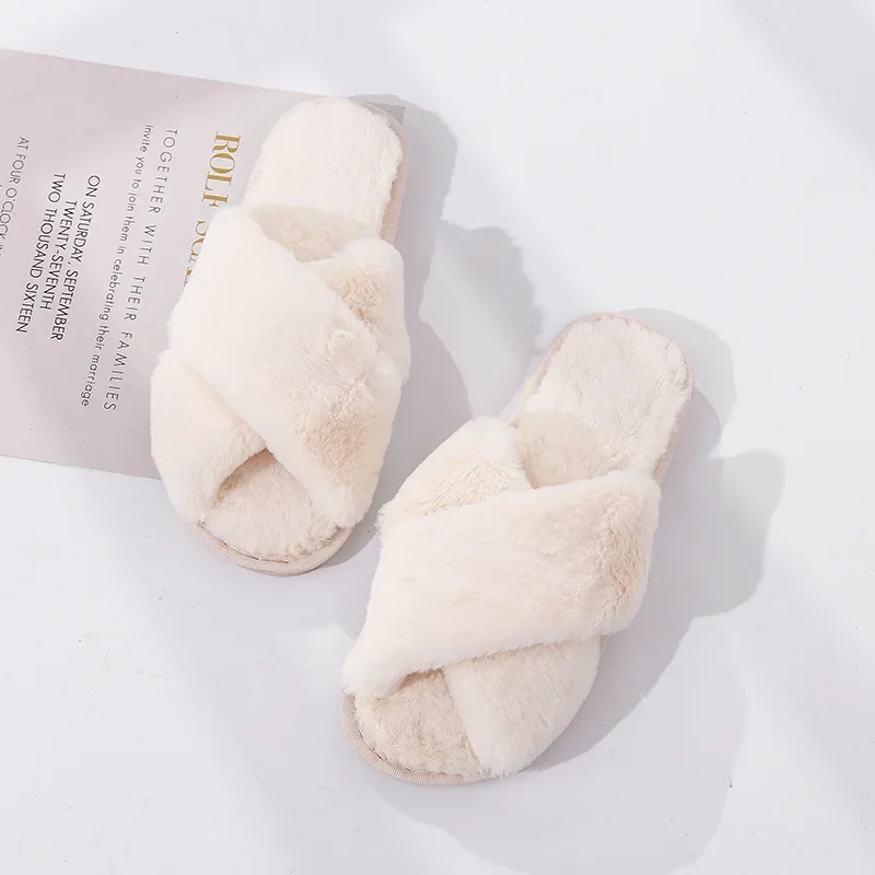 Winter Women House Slippers Faux Fur Fashion Warm Shoes Woman Slip on Flats Female Slides Black Pink cozy home furry slippers image 3