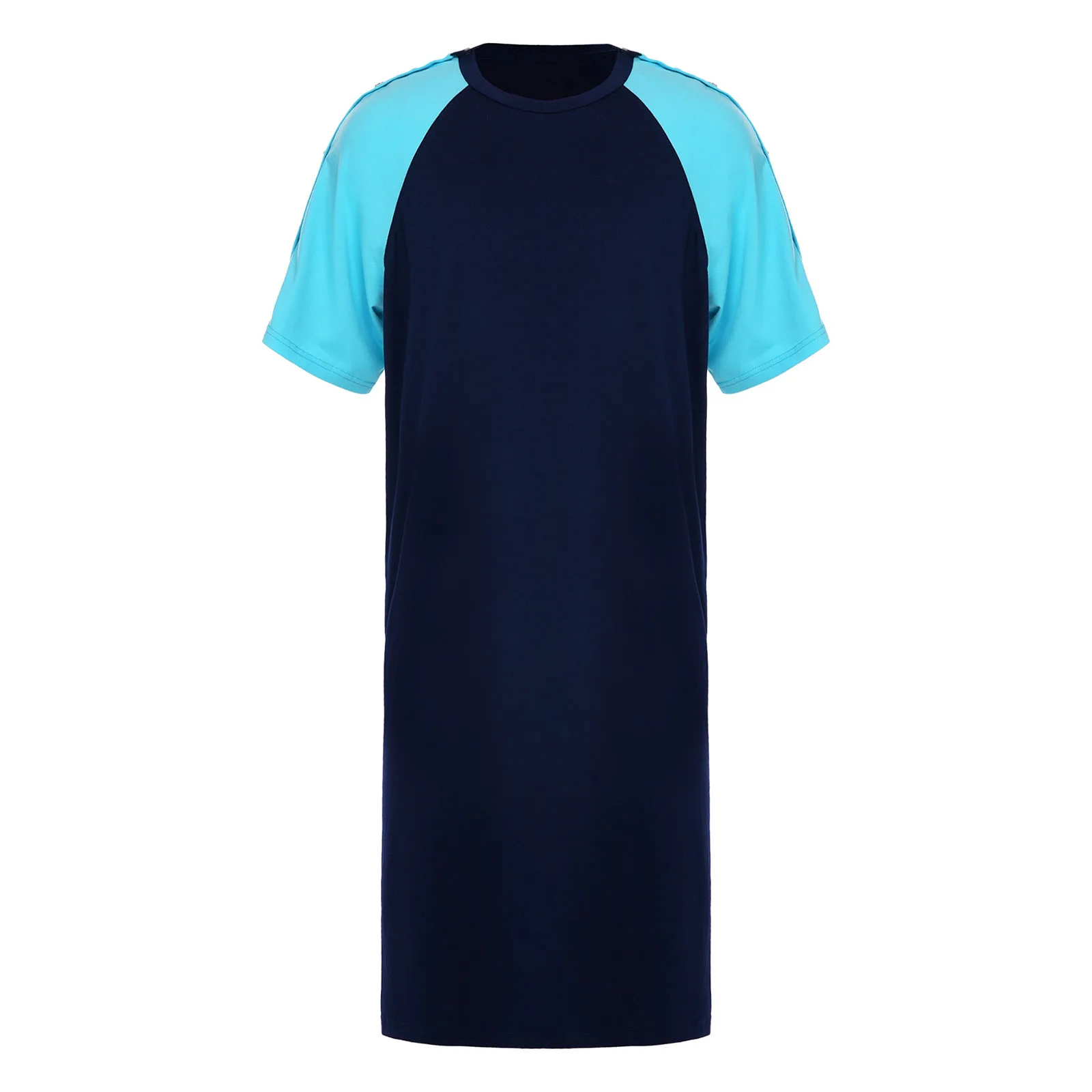 

Mens Elderly Tear-away Adaptive Sleep Robe Sides Pressing Buttons Short Sleeve Color Blocking Loungewear Nightgown