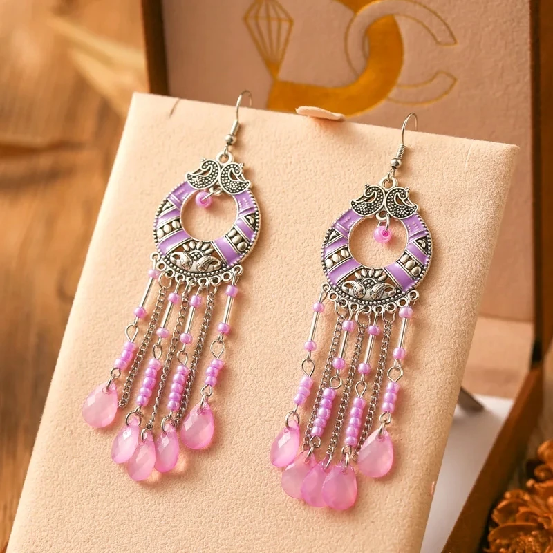 Boucles d'oreilles bohème ethnique goutte d'eau violette pour femme, boucle d'oreille plume, élégante, noble, goutte d'huile, perle de riz, fête, bijoux de mariage