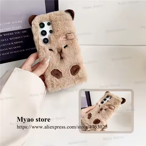 Cartoon Capybara Plush Fur Phone Case For Samsung Galaxy S25 S24 Ultra S23 S22 S21 FE S20 Plus Note20 10 Lite Cute Fluffy Cover