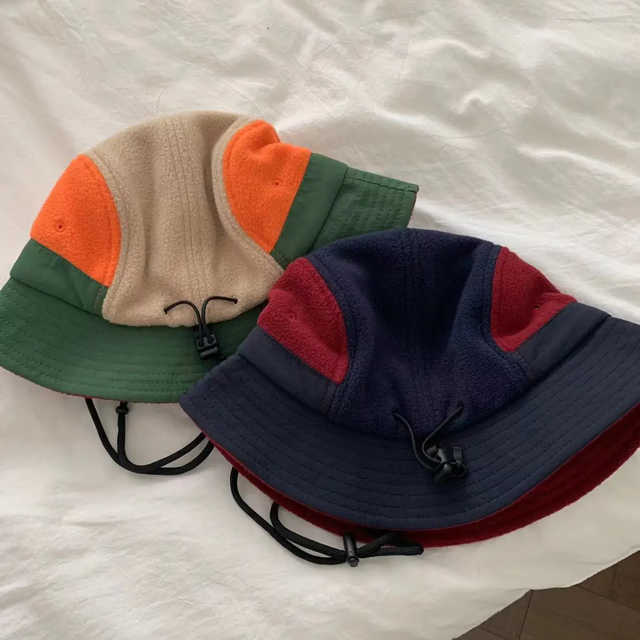 Japanese Retro Polar Fleece Color Matching Bucket Hat for Men Women Winter Embroidery Warm Fisherman Hat Mountaineering Hat