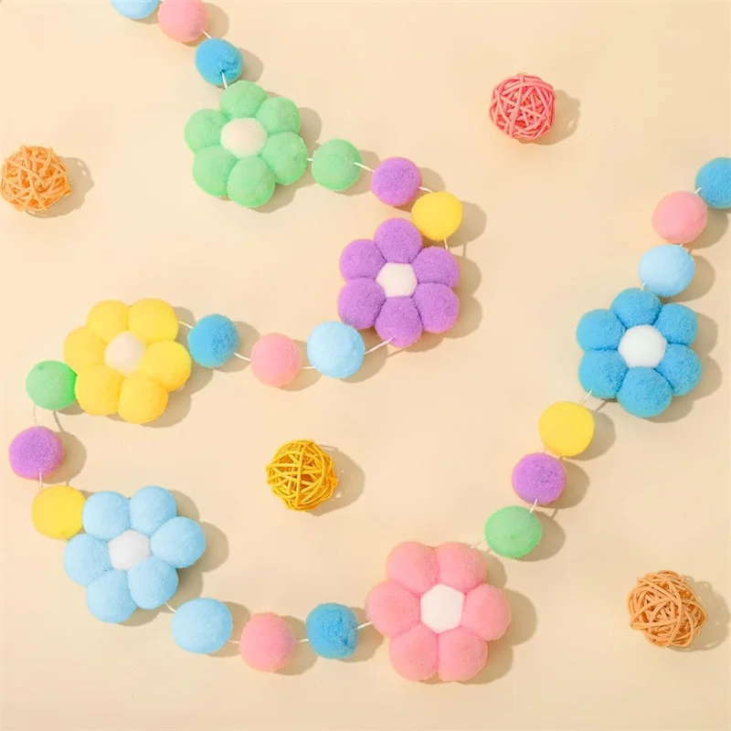 Felt Daisy Flower Garland Handmade Wool Balls Banner String INS Kids Room Wall Hanging Oranment Decor Baby Shower Party Supplies