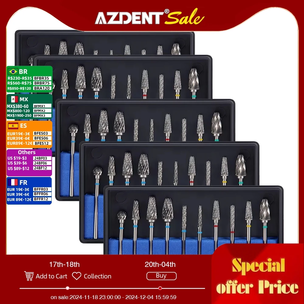 5Packs Azdent DENTAL Carbide Drills Kit  HP 2.35mm 135℃ Autoclavable for Universal Grinding/Removing/Polishing