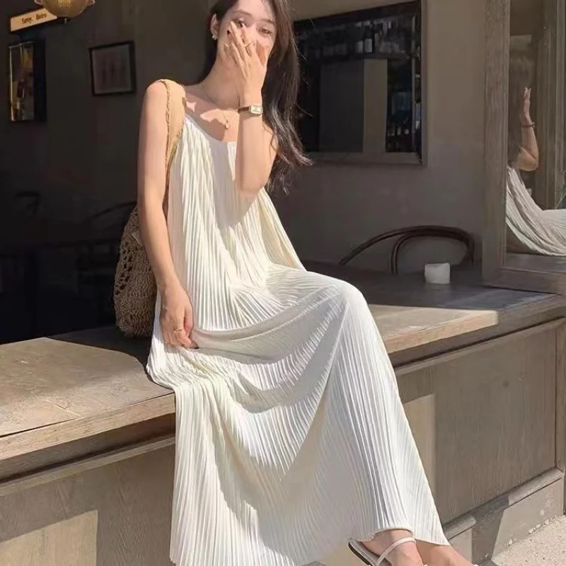 New2024summer sling Korean style slimming elegant long dress dress sleeveless solid color loose fashion simple fashion