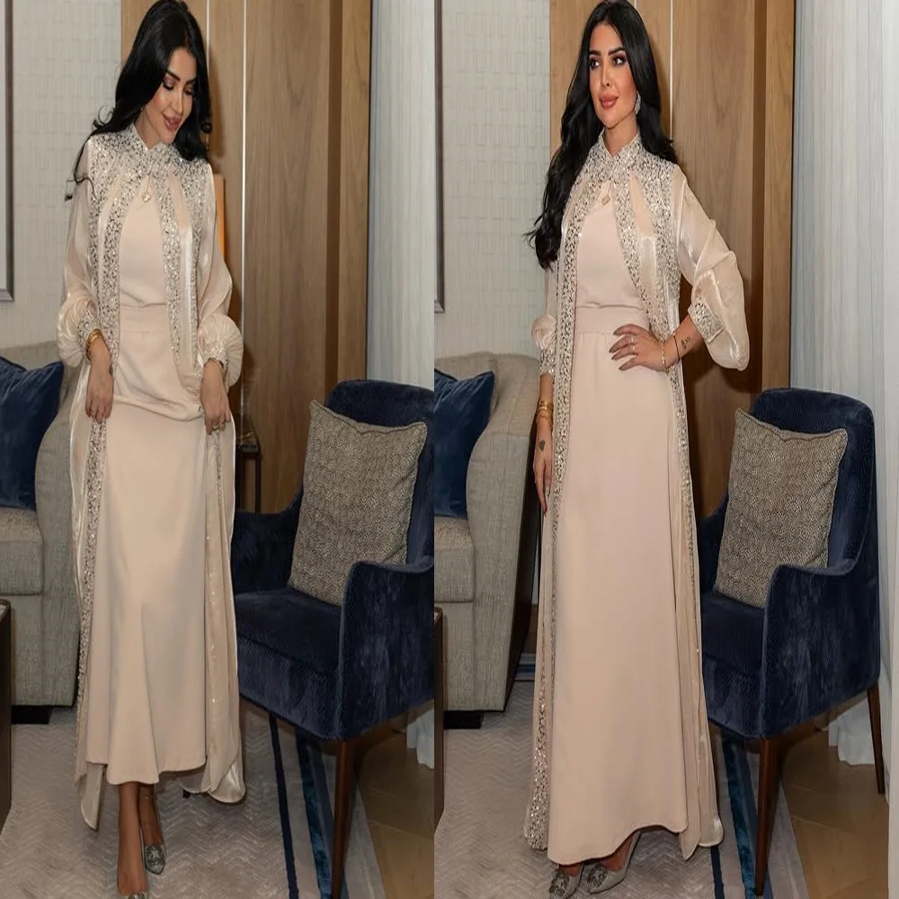 Vestidos de fiesta de manga larga de satén con cuentas, vestidos de noche musulmanes para mujer, vestido largo árabe saudí para mujer, hecho a medida