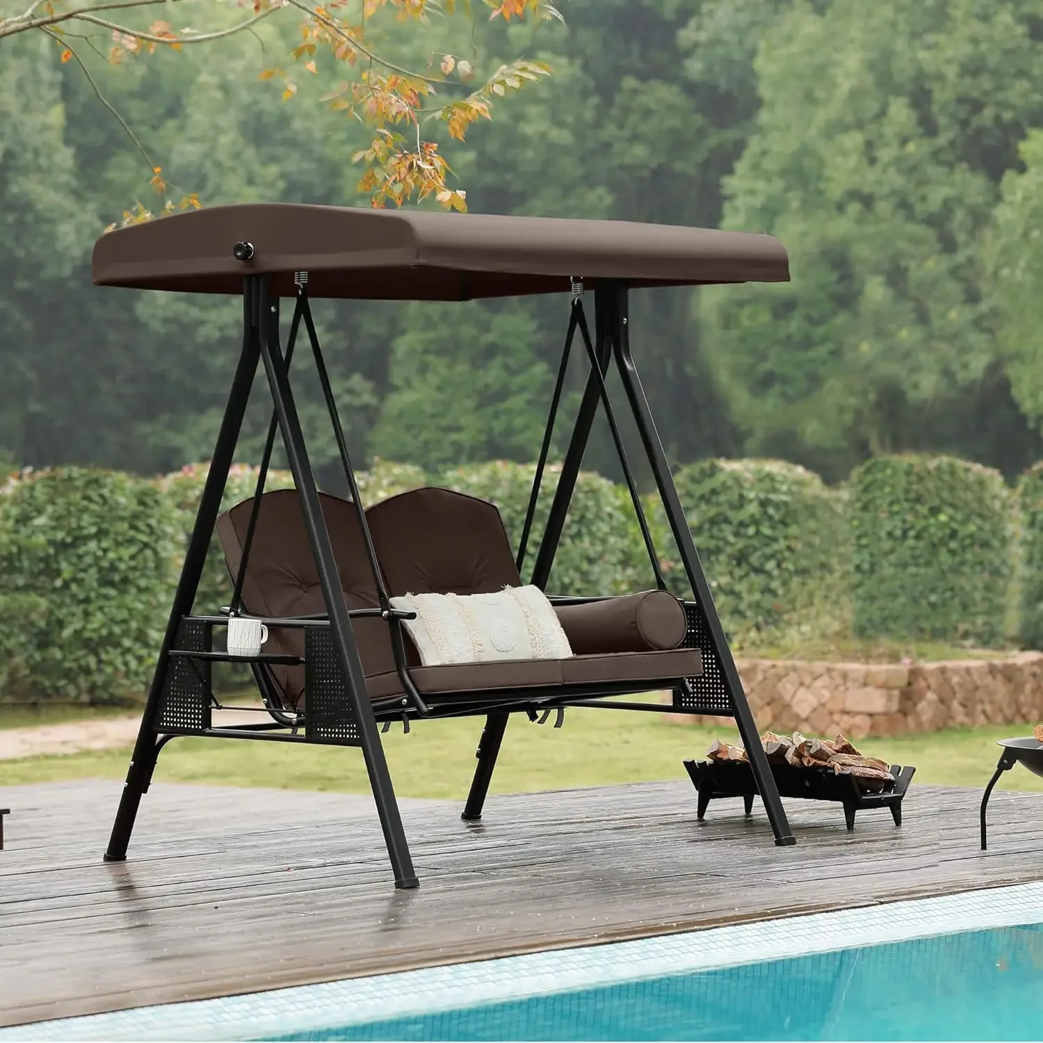 Outdoor Pátio Swing Chair com dossel ajustável, Weather Resistant Steel Frame, 2-Seat, almofada removível e travesseiro