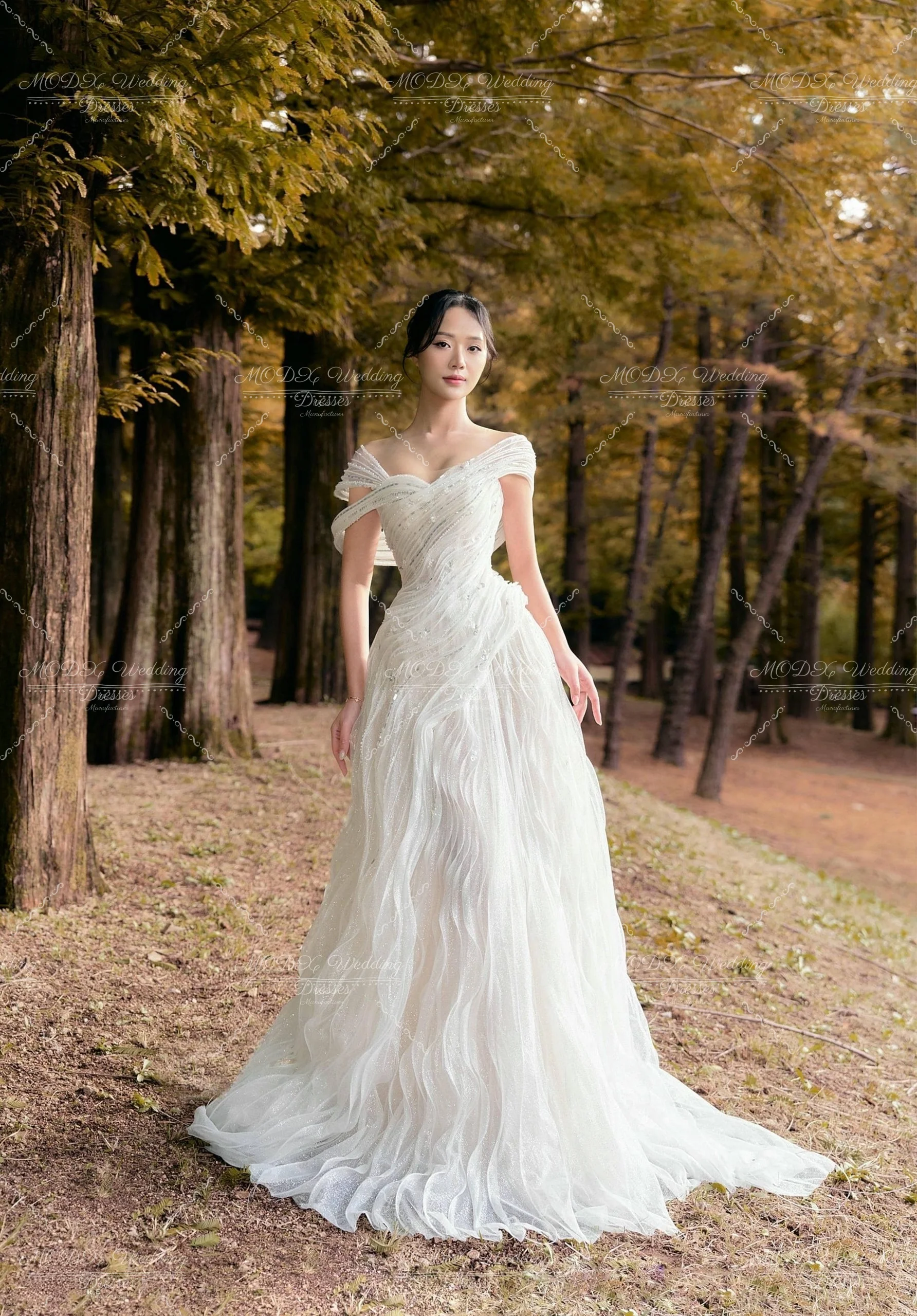 MODX Romantic Ivory Off The Shoulder Short Sleeves Glittery Tulle A Line Wedding Dress Floor Length Sparkle Bridal Gowns