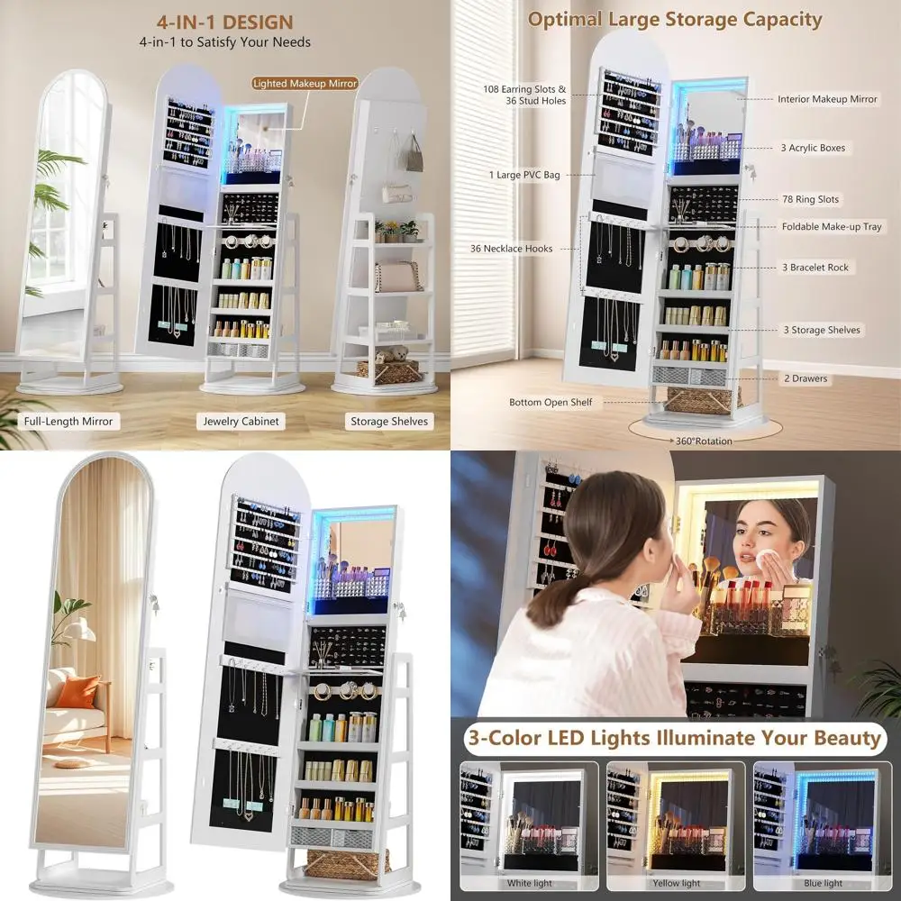 

White LED-lit Swivel Jewelry Cabinet with Mirror and Storage, Lockable Standing Organizer