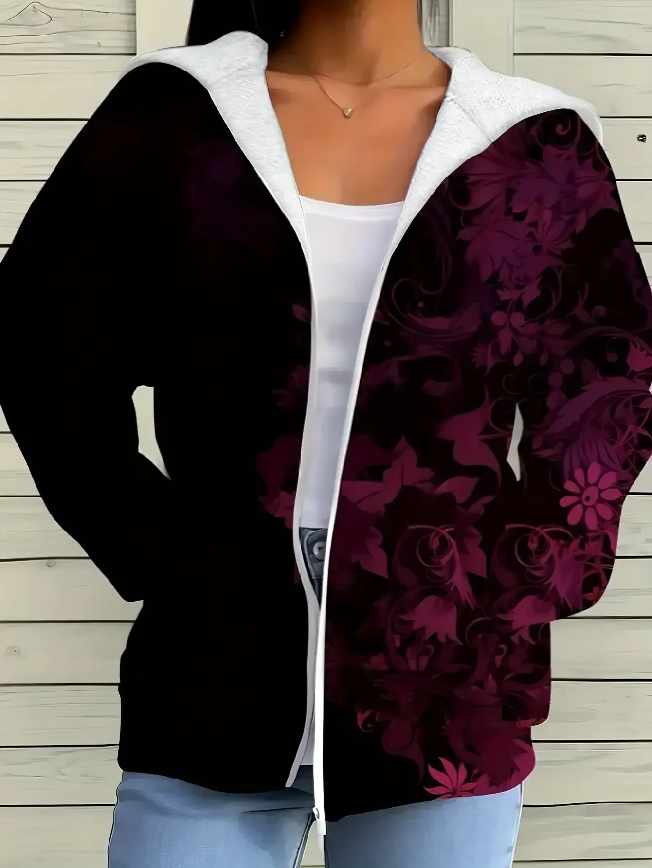 

2026 New Women's Printed Zipper Hoodie - Retro Fashion Full Zipper Hoodie with Pocket, Purple flower pattern printed jacket