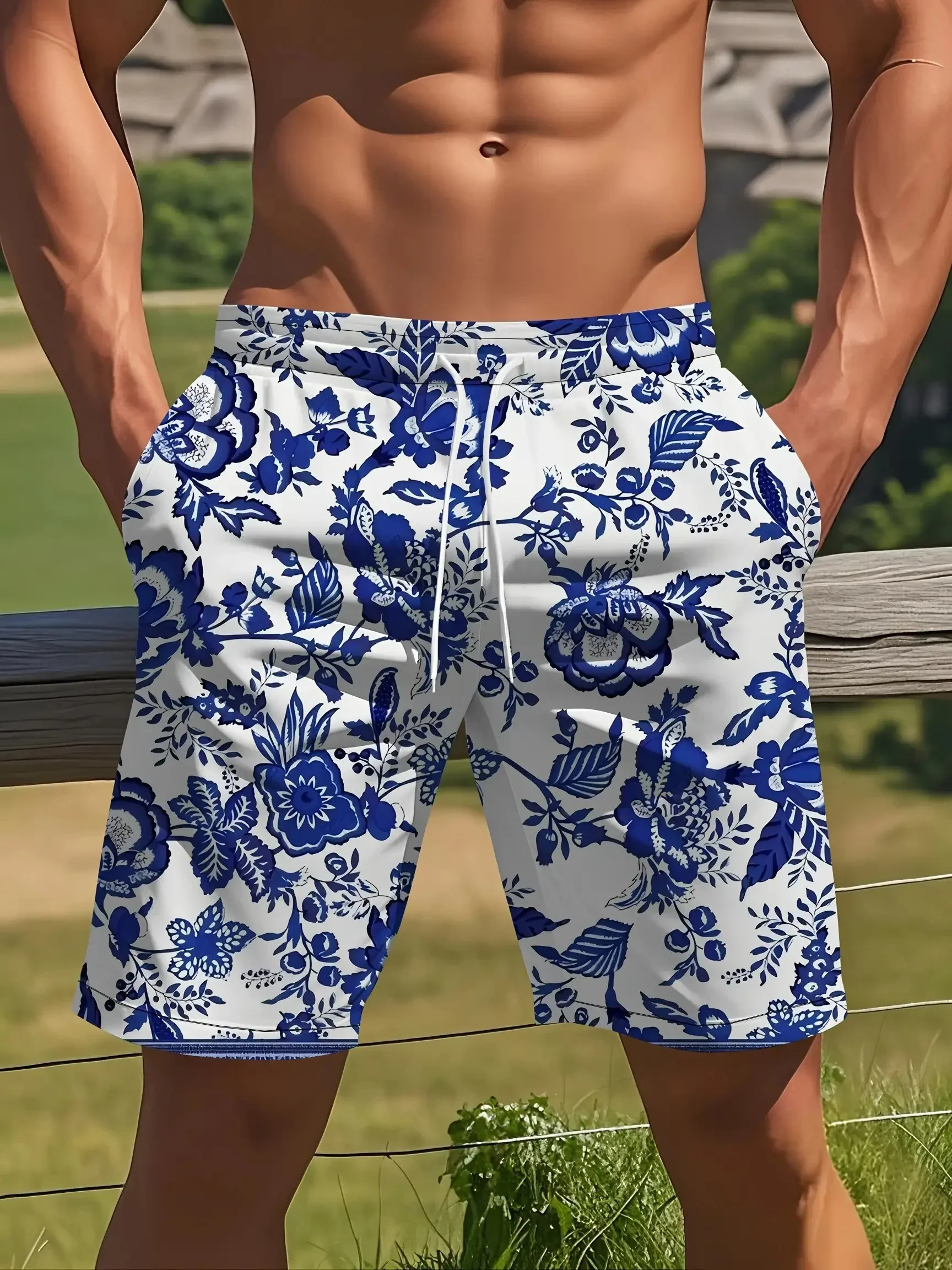 Men's Summer Hawaiian Shorts Breathable Loose-fitting Retro Tropical Plant Pattern Beach Casual Shorts