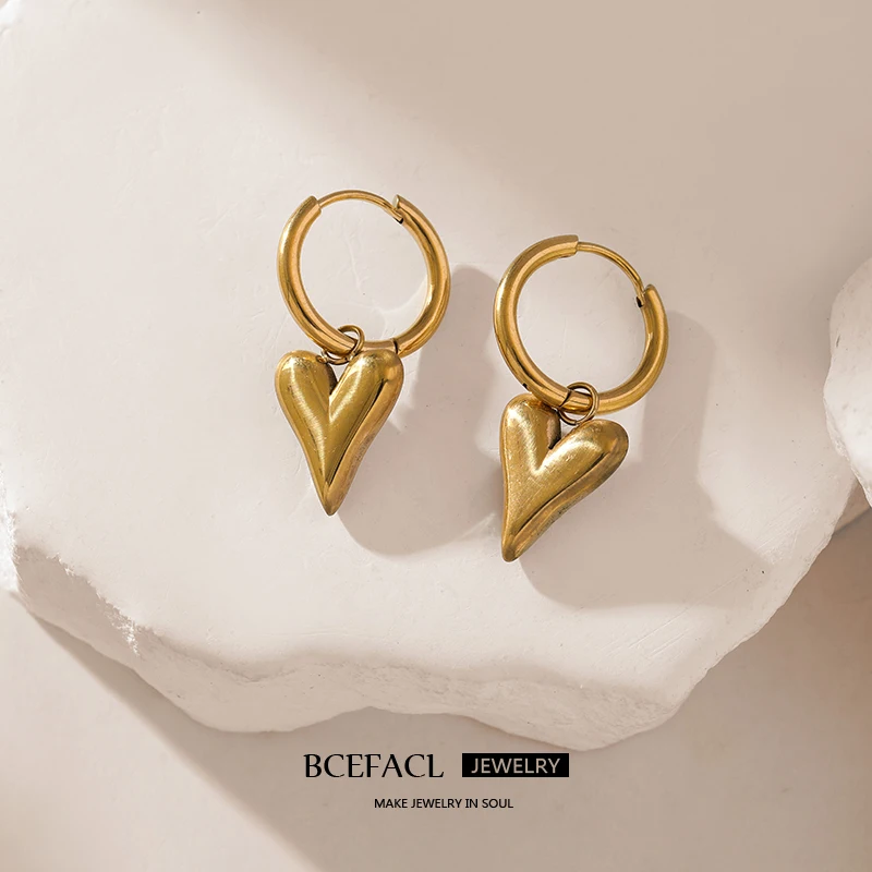 BCEFACL 316L Stainless Steel Gold Color Heart Love Pendant Earrings For Women Fashion Waterproof Ear Jewelry Set Holiday Gifts