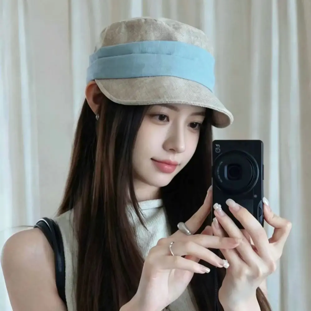 Vintage French Style Flat Top Equestrian Cap Women Pleated Faux Linen Sun Protection Hat Summer Breathable Casual Visor