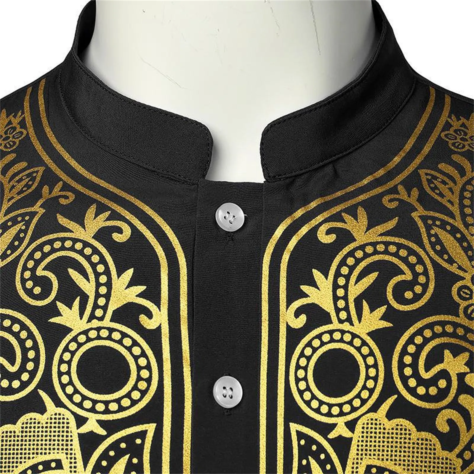 Bata de manga larga para hombre, traje de muselina con estampado dorado, cuello levantado, informal, Color sólido, étnico, camisa de longitud media, Eid