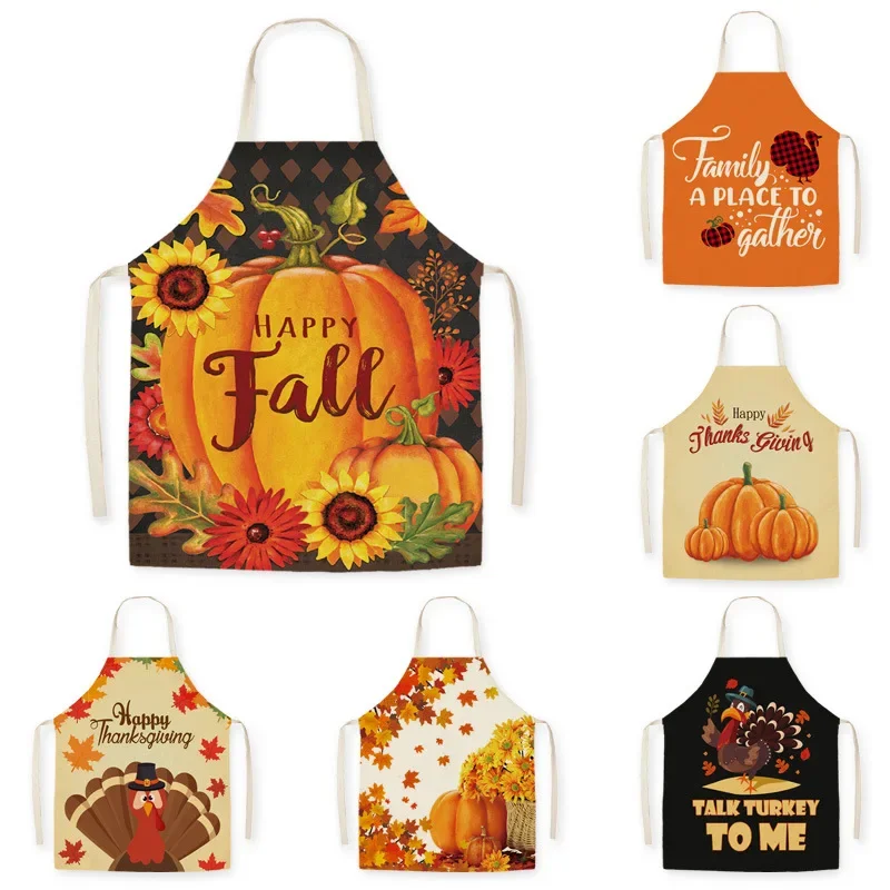 Thanksgiving Day Kitchen Apron Golden Maple Leaves Printed Sleeveless Cotton Linen Aprons for Men Women Home Cleaning Tools