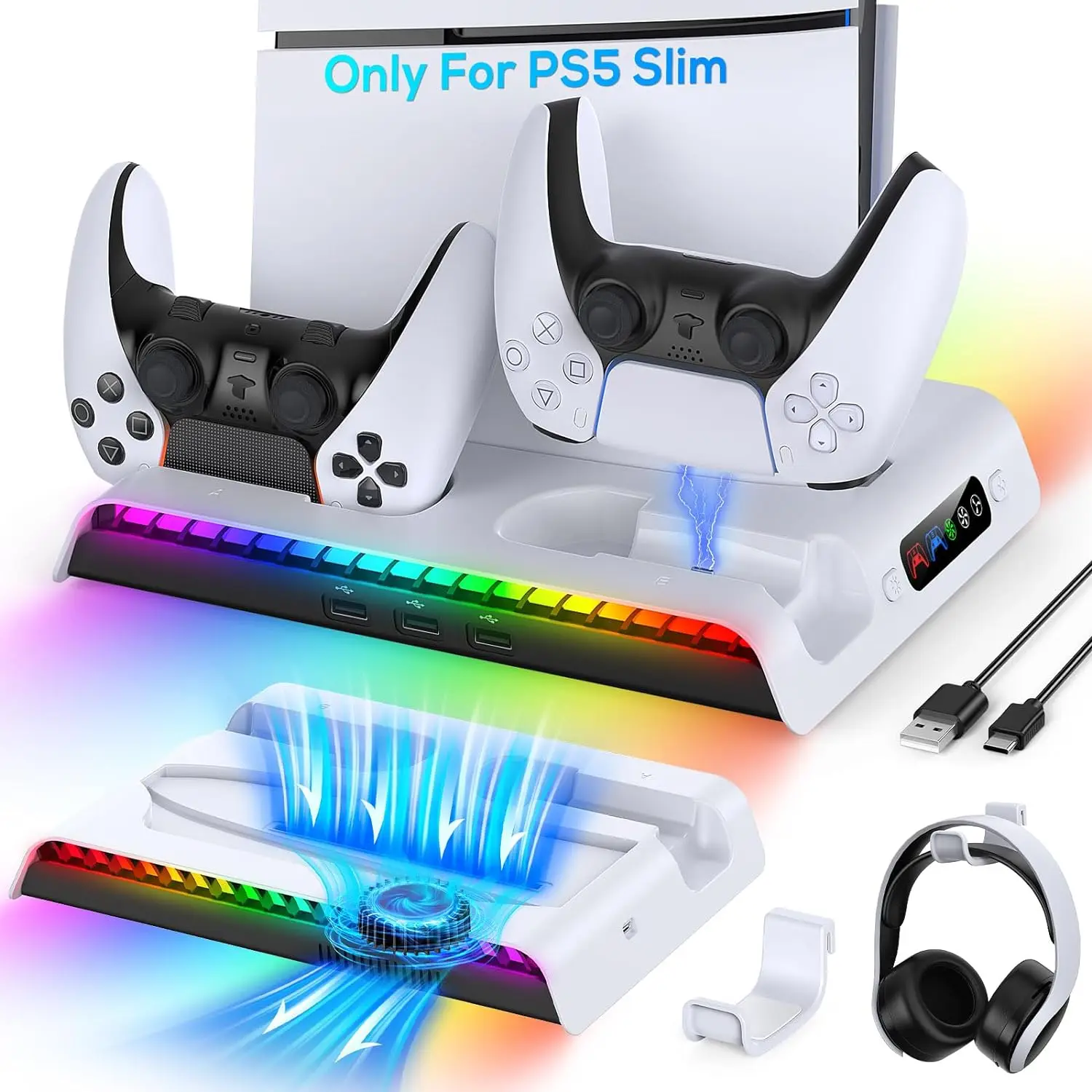 

For PS5 Slim Cooling Fan Stand Compatible With Disc & Digital Base Stand For PlayStation 5 Slim With Controller Charging Station